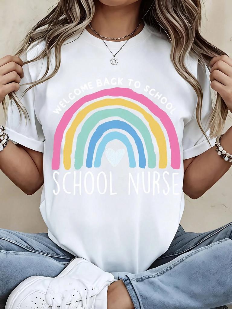 Welcome Back To School School Nurse Rainbow Print TShirt for Women Casual Wear Summer Top