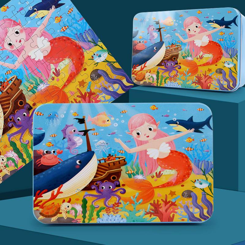 100-Piece Wooden Jigsaw Puzzle Tin Box for Children Ages 3-7: Educational Cartoon Toy
