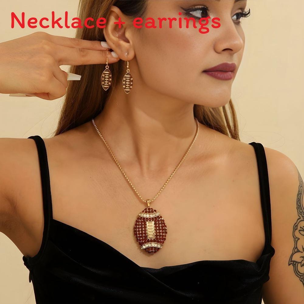 Sports Set Jewelry With Rhinestone Rugby Pendant And Earrings For Daily Wear Gifting And