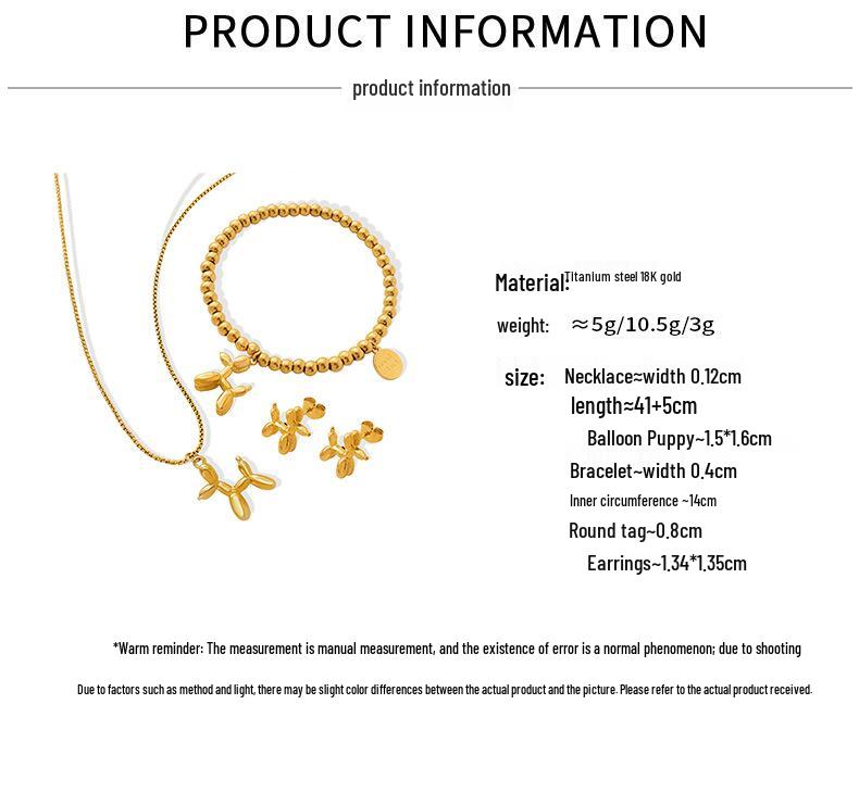 Cute Balloon Dog Clavicle Necklace & Earrings Set in Titanium Steel & 18K Gold