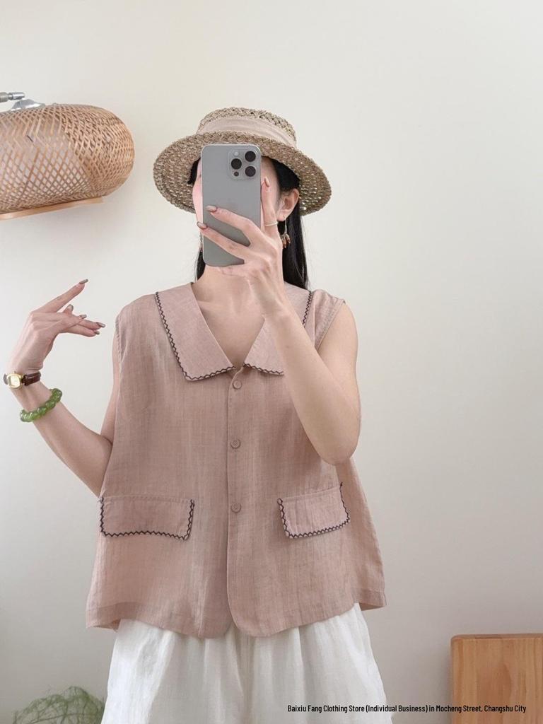 Linen Sleeveless Retro Lapel Blouse with Pocket - Women's Solid Color Summer 2026 Vest