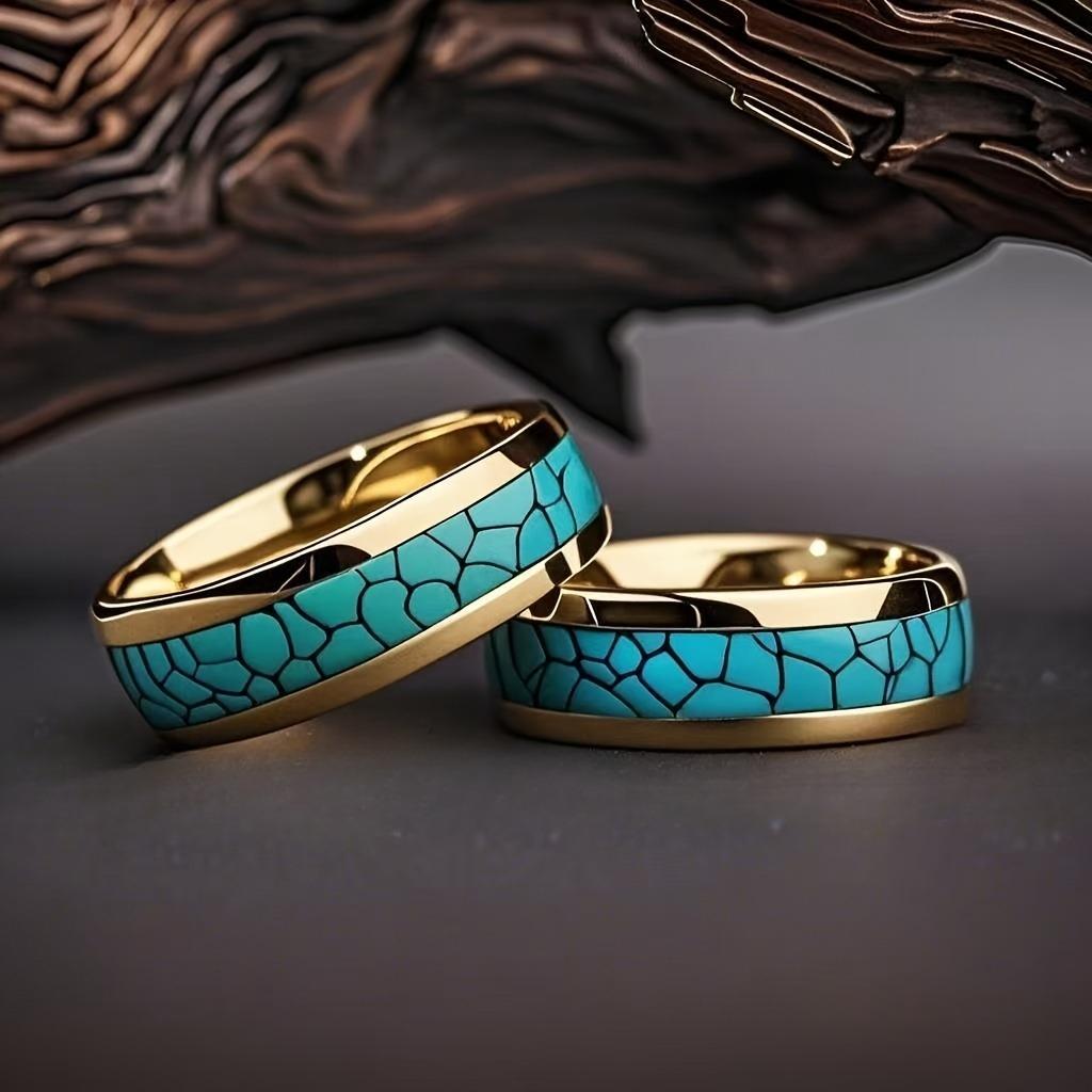 8mm Men Gold Color Stainless Steel Rings Inlay Turquoise Rings For Men Women Wedding Engagement Band Jewelry Gift