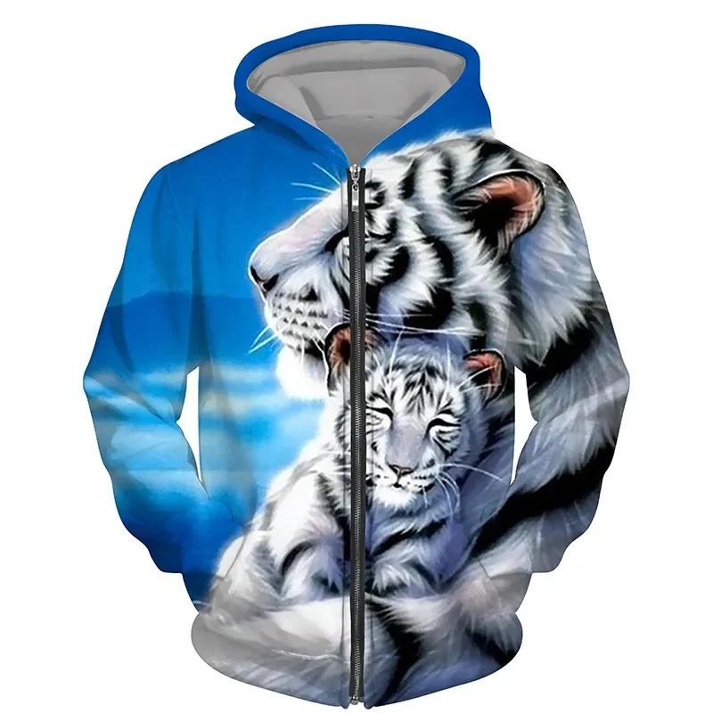 Tiger 3D Print Zip-Up Hoodie Youth Casual Loose Fit Winter Sweatshirt