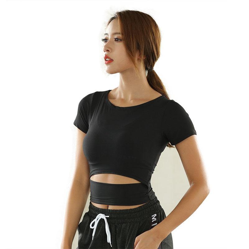 Sexy Women Yoga T-shirts Solid Black White Sports Tops Casual Gym Tees For Female Leisure Running Cycling T-shirts Short Sleeve Tees Girls Casual Tee