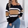 Casual Autumn Winter Color Block Striped Off Shoulder Lantern Sleeve Pullover Sweater For Women