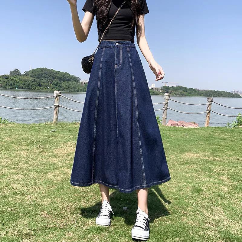 

2023 Spring Women s Mid-Length Pleated High-Waist Denim A-Line Skirt XXL темно-синий