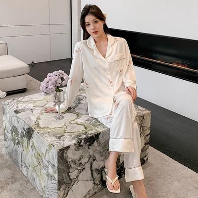 Neue hochwertige Eisseiden-Pyjamas für Damen Frühling, Sommer und Herbst Bedruckte Hose Dünne Seide Langärmlige Hauskleidung