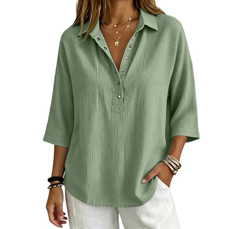 Women's Waffle Knit Top Collar V Neck Half Button 3/4 Sleeve Loose Fit Casual Blouse Multi Color