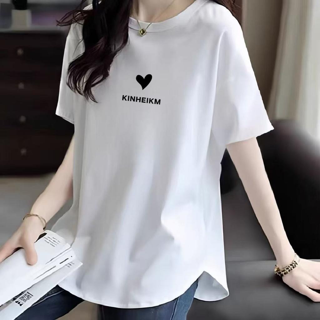 T-shirt in cotone a maniche corte da donna, nuovo stile estivo a lunghezza media, che copre il sedere, orlo curvo che copre la pancia per farle sembrare snelle, top