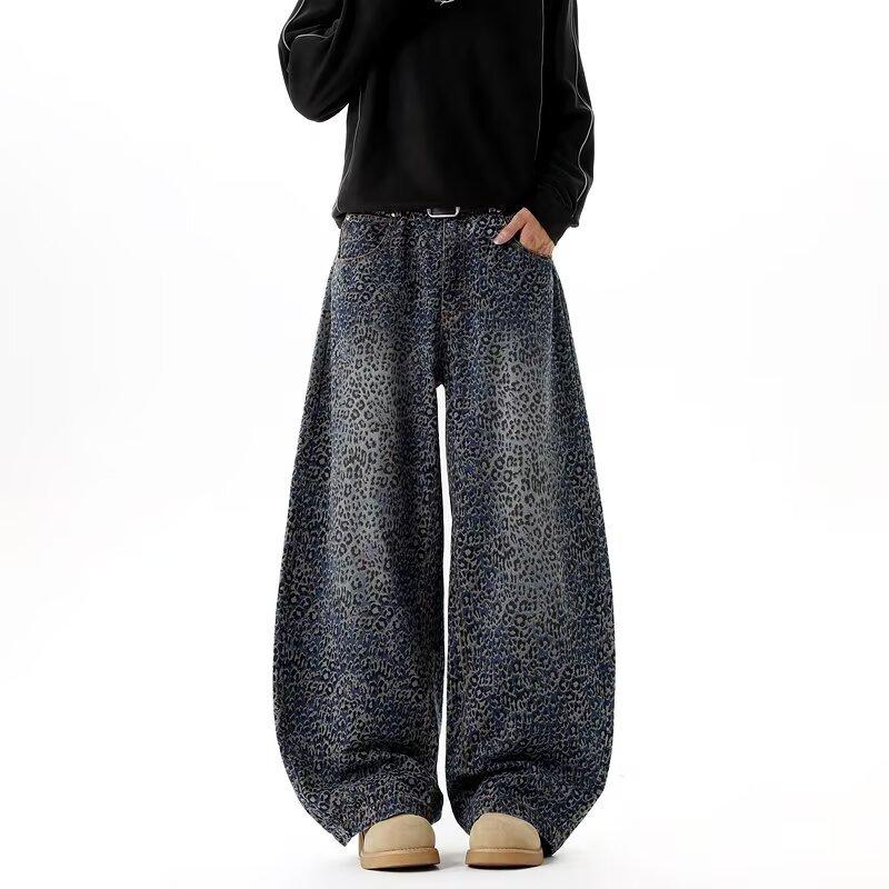 American Retro Washed Leopard Print Double Pressing Line Black Scimitar Jeans Men's Trend Wide Legs Loose Drape Old Pants