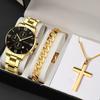 Men's Business Trend 3pcs/set Three-eye Single Calendar Steel Belt Watch + Bracelet + Cross Bracelet Set