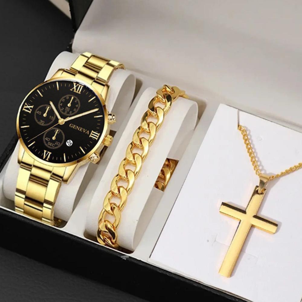 Men's Business Trend 3pcs/set Three-eye Single Calendar Steel Belt Watch + Bracelet + Cross Bracelet Set