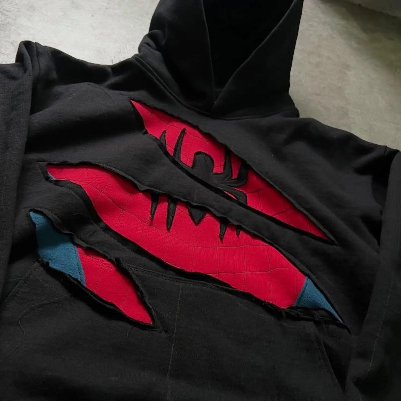 ROADVIBE American Retro Spider Patchwork Print Hoodies Fashion Oversized Loose Full Zipper Hoodie Men Jacket Gothic Street Y2k Sweatshirt