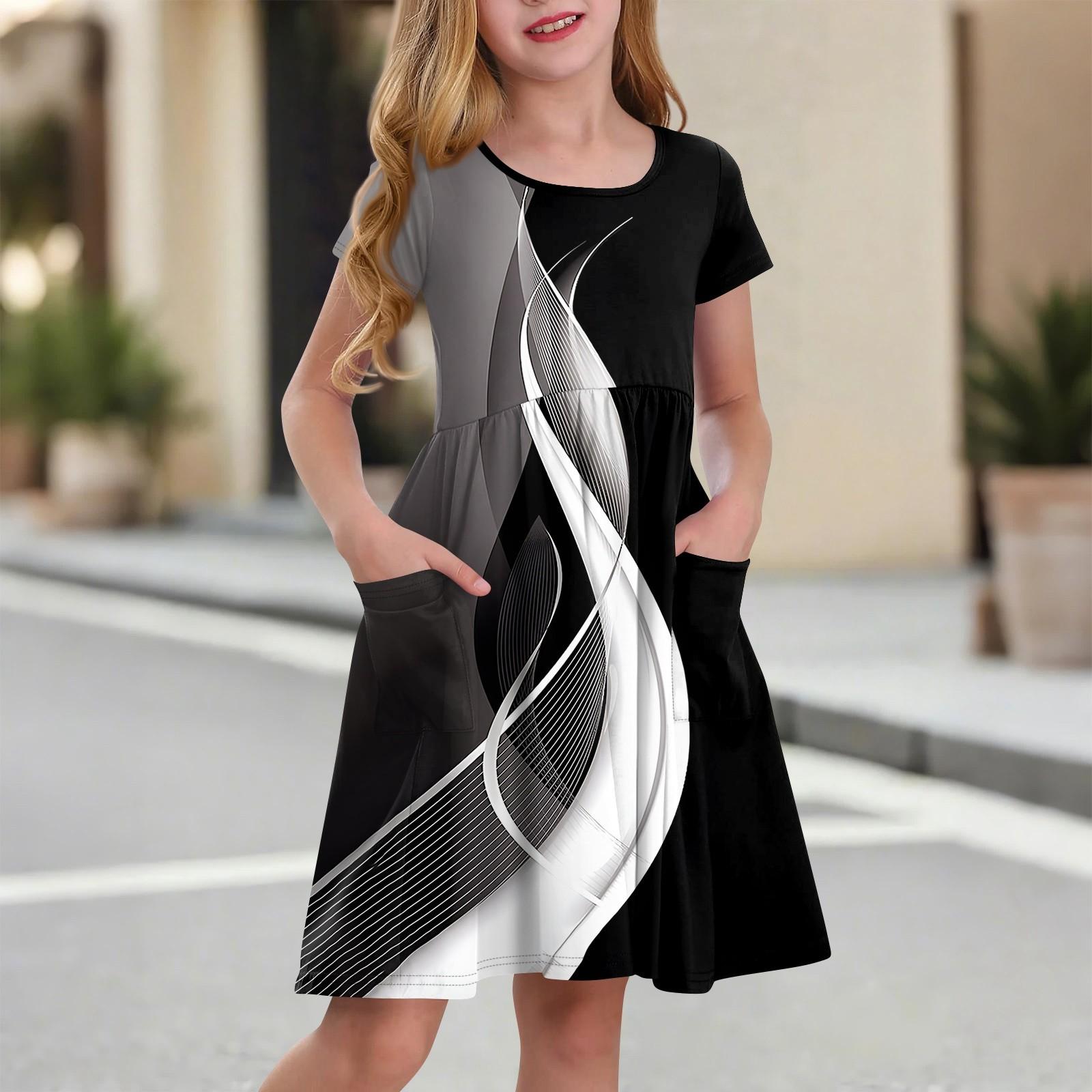 

Детская юбка с круглым вырезом и коротким рукавом, платье принцессы, модное повседневное платье с карманами для девочек 140