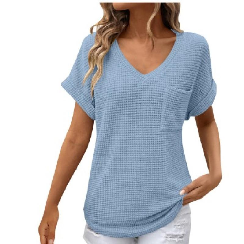 2026 Women's V-neck Summer Waffle Pocket Short Sleeve T-shirt