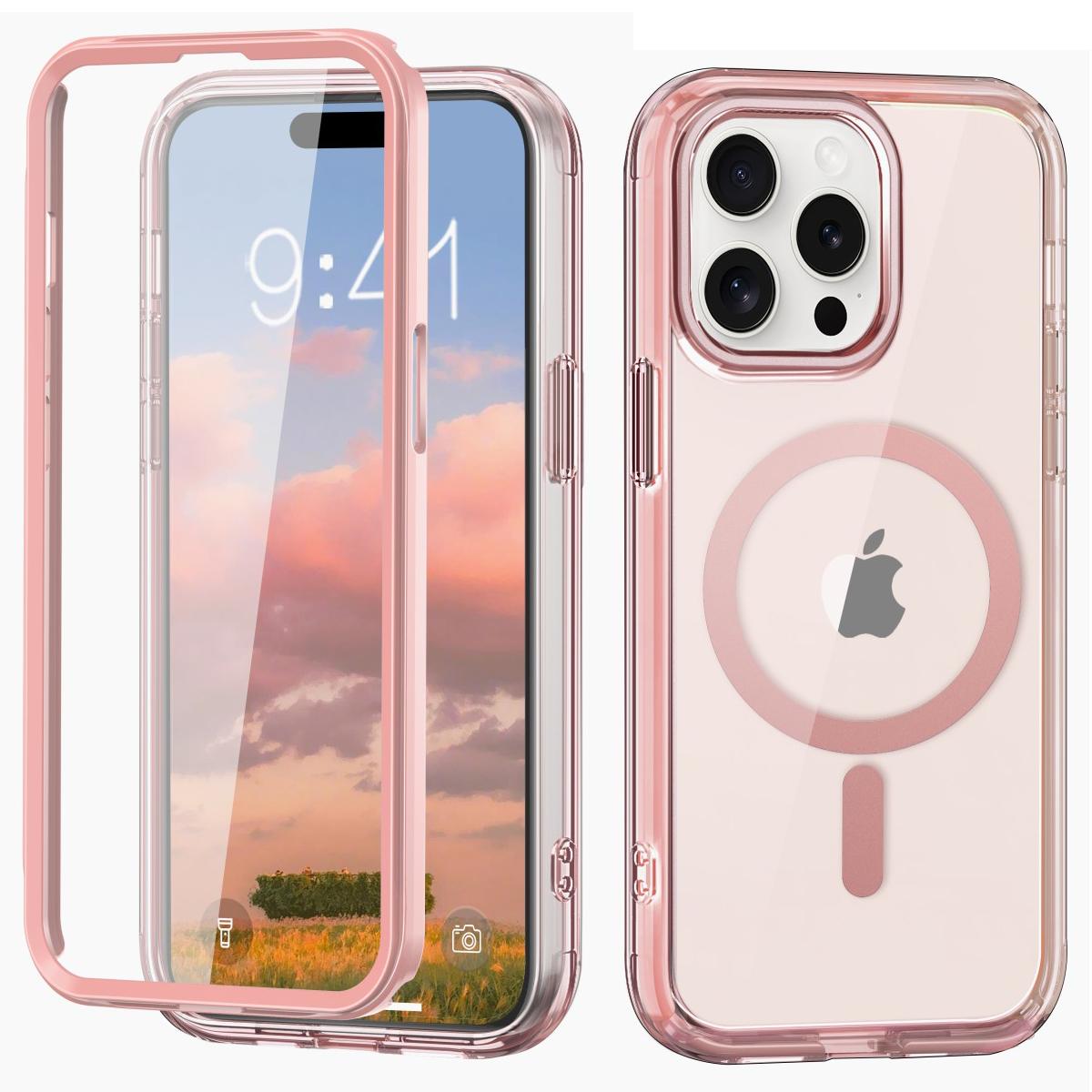 

For iPhone 15 Pro Max Case Compatible with MagSafe PET Screen Film PC+TPU Cover Pink
