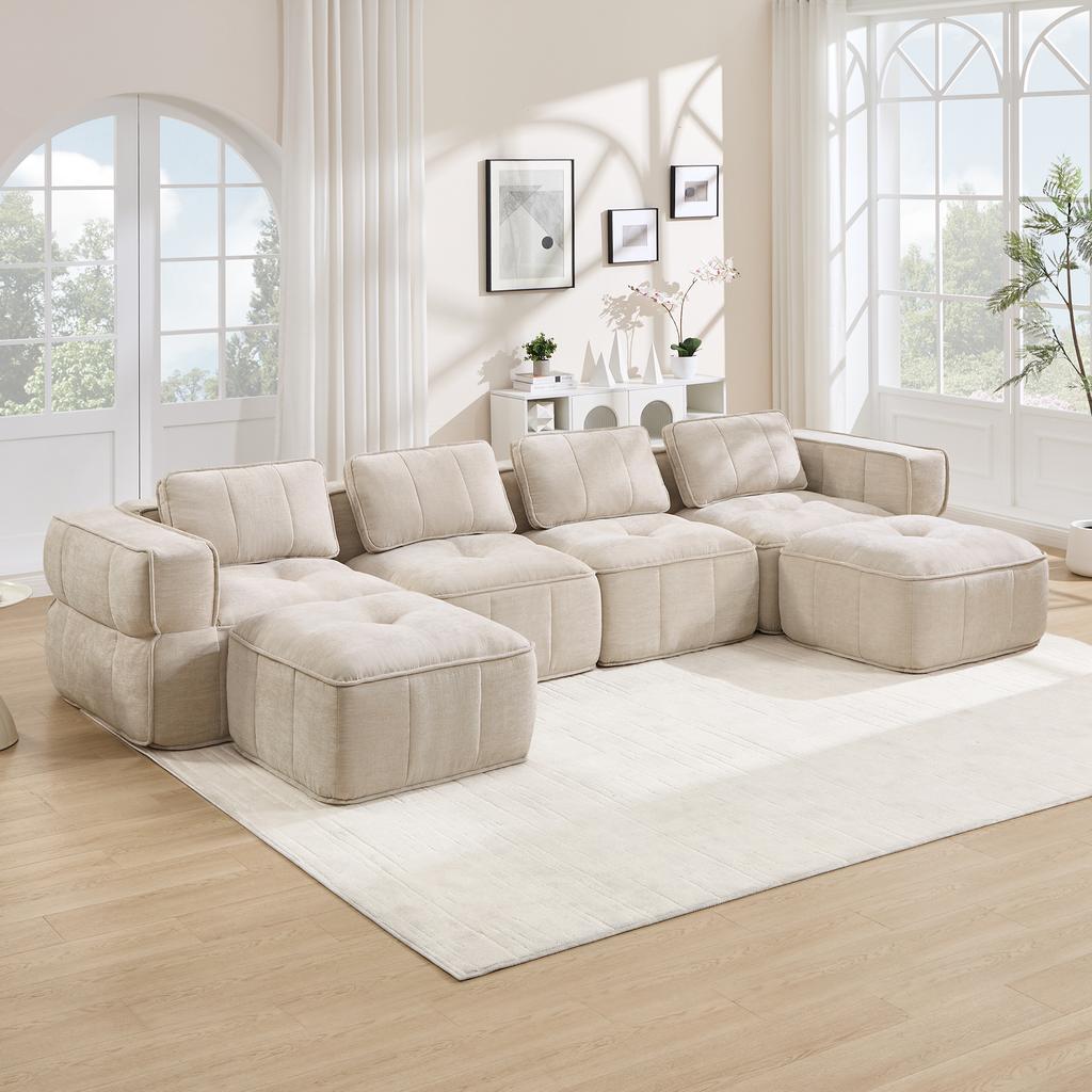 4-Seater U-Shaped Modular Sofa Without Frame, 2 Stools, 32D High-Density Foam, Soft Fabric Cover, Non-Slip, Living Room, No Assembly Required, Beige.