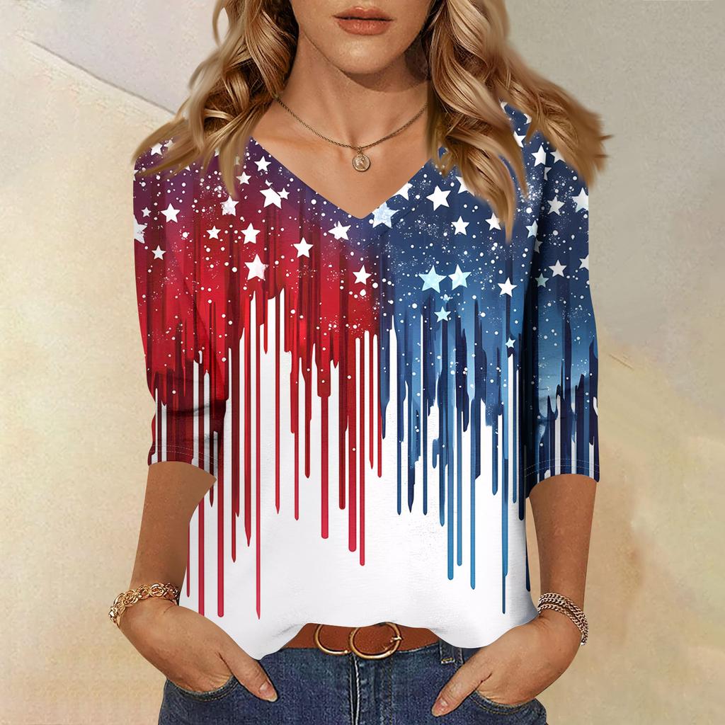 Trendy Vintage 3/4 Sleeve Top For Women,Ladies Casual Three Quarter Sleeve V-neck Printed T-Shirt Blouse