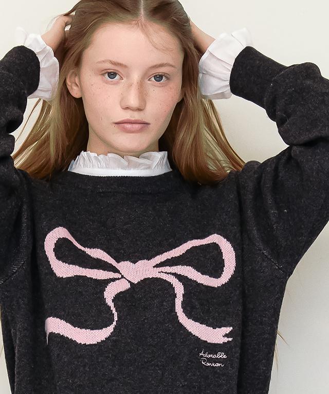 RONRON Heart Ribbon Jacquard Knit Charcoal
