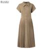ZANZEA Women Casual Turn Down Collar Solid Color Short Sleeve Pleated Dress
