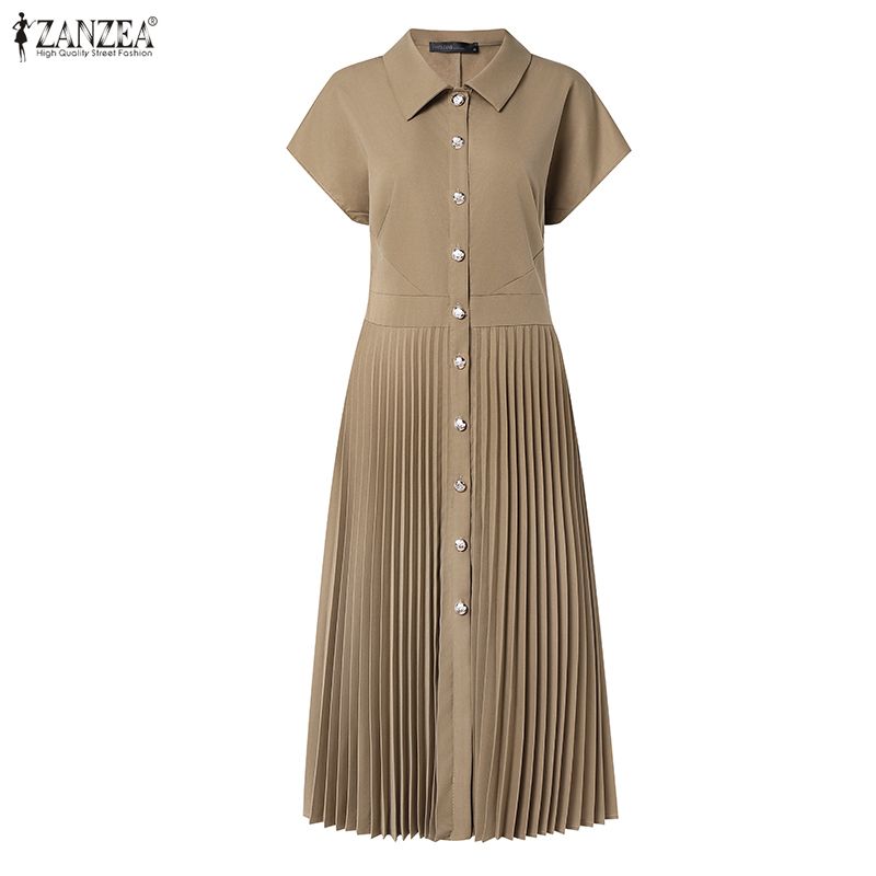 ZANZEA Women Casual Turn Down Collar Solid Color Short Sleeve Pleated Dress