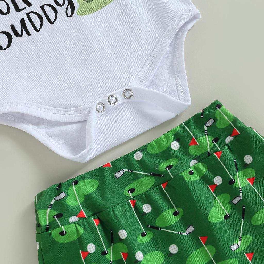 Baby Boys Clothes Suits Letter Print Short Sleeve Crew Neck Romper Golf Print Shorts Headband 3Pcs Set