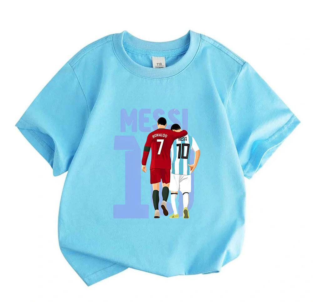 Kids Boys Girls Crew Neck Short Sleeve 100% Cotton T-Shirt, Football Superstar Pattern Casual Soft Comfortable Tee for Daily Sports Outdoor Wear