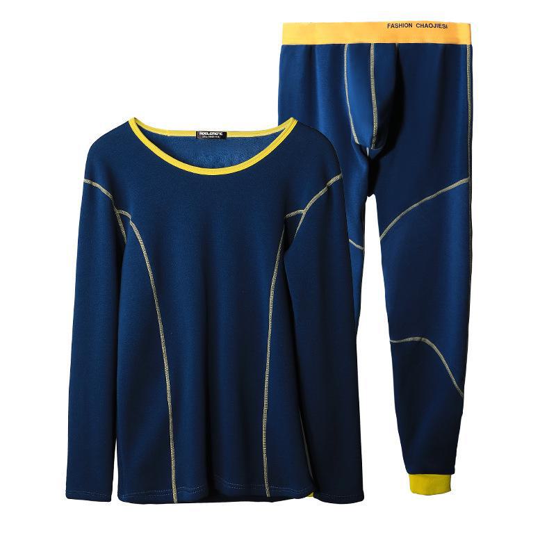 Pánská bavlněná termoprádlová souprava - Kulatý výstřih, Plyšová podšívka, Pohodlná zimní základní vrstva top a spodky.