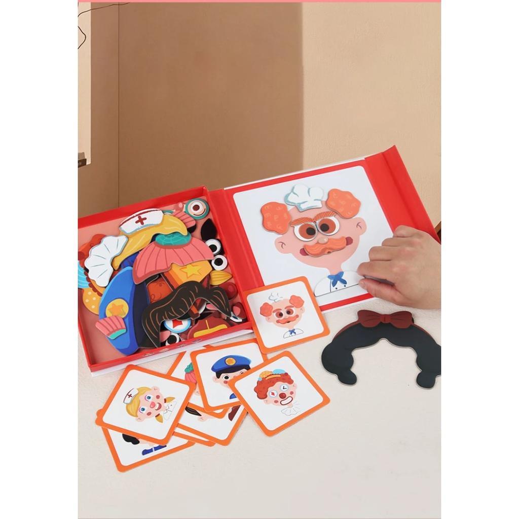 Wooden Jigsaw Magnetic Blocks Puzzle Book Board with Cards Face Change Clothing Change Marine Life Kids 3D Puzzle Toys Gifts