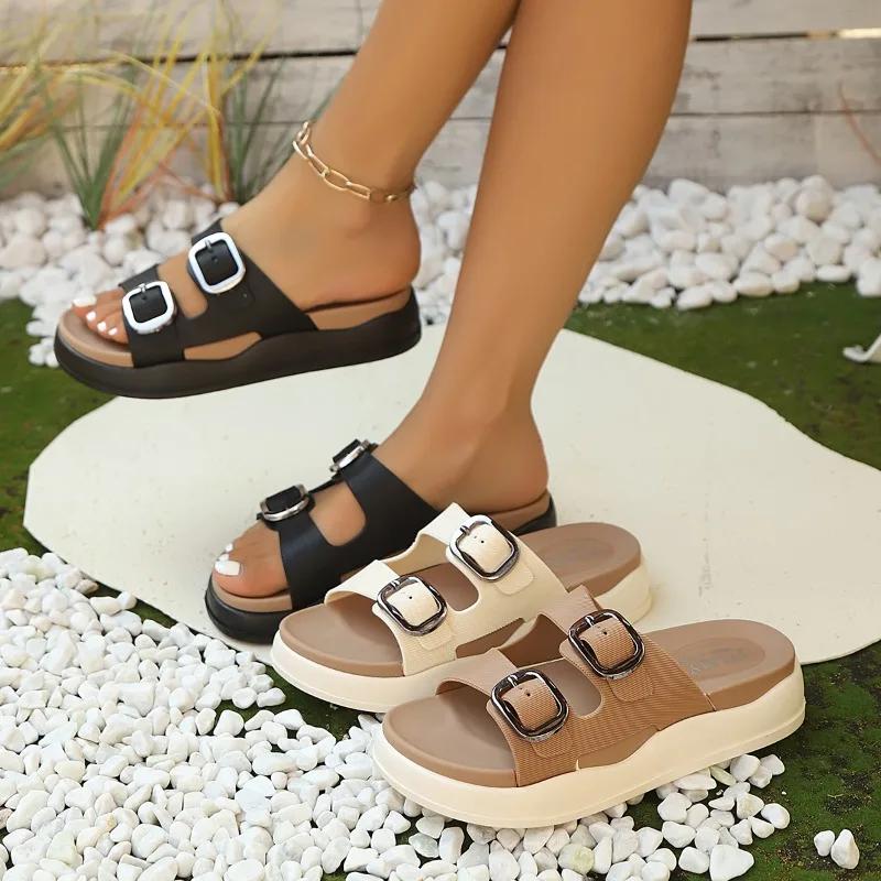 Fashion 2025 Summer Classic Women's Sandals British Style Roman Shoes Soft Leather Slippers Metal Buckle Platform Slippers Women's Shoes