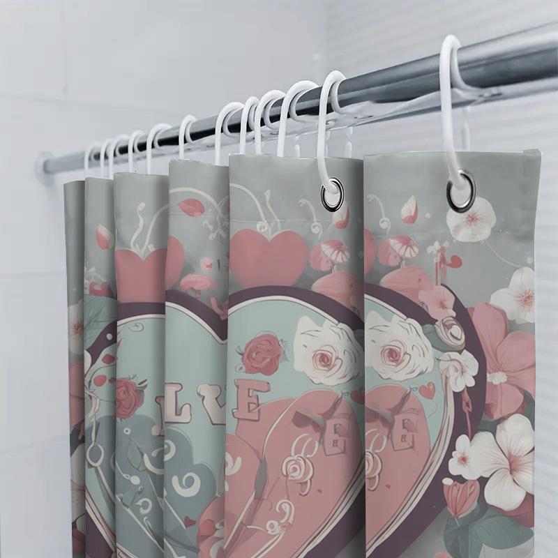 Love Heart and Floral Shower Curtain - Romantic Bathroom Decor 90X180cm