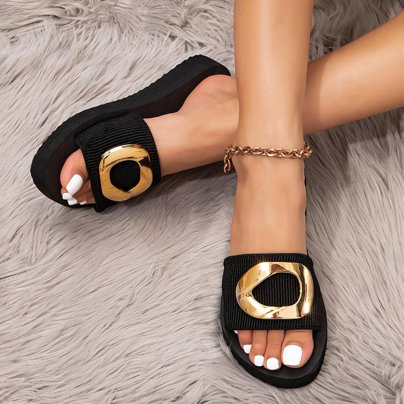 1 Pair Women'S Fashion Slide Sandals, Geometric Golden Accent, Casual Comfort Slip-On Black Slides with Soft EVA Sole, Indoor/Outdoor Low Heel