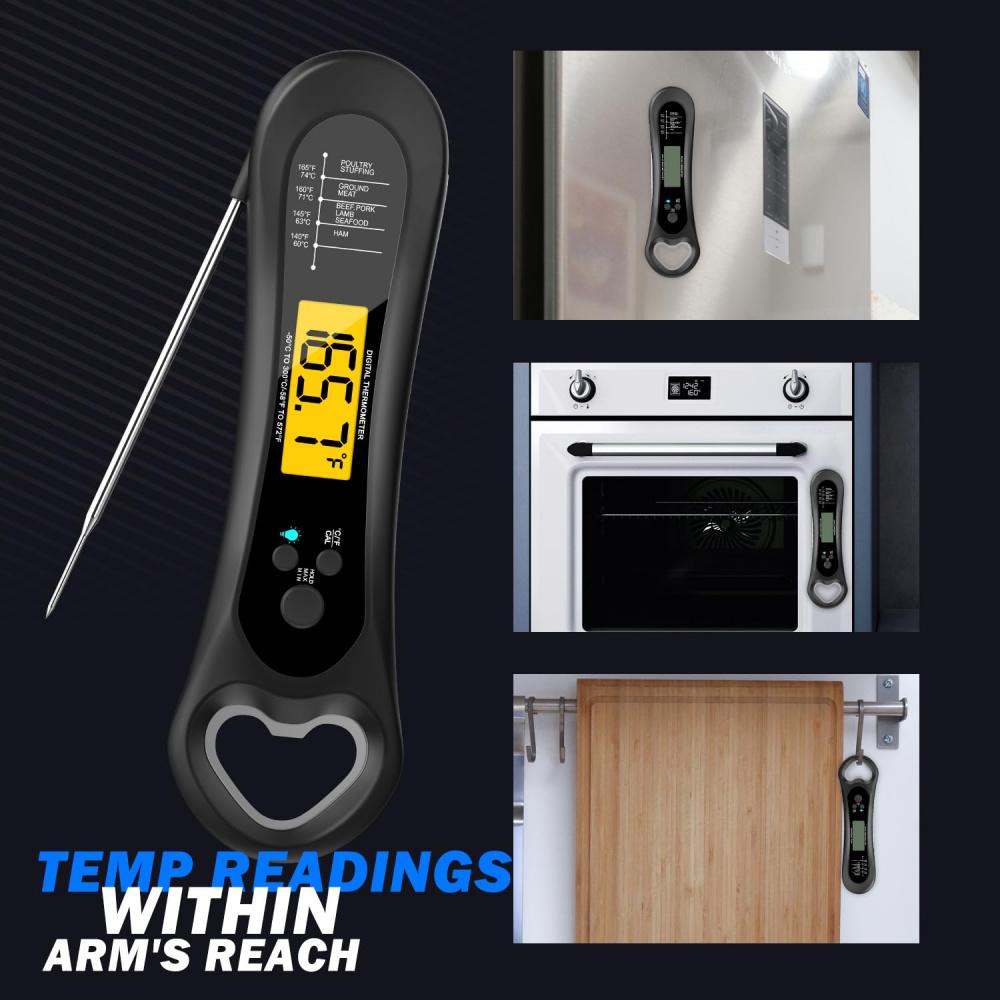 Digital Kötttermometer för Matlagning, Trådlös, Direktavläsning, Vattentät, Bakgrundsbelysning, Ultrasnabb Noggrann & 180° Vikbar Sond