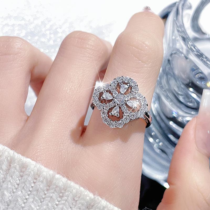 Niche Design Double C Four-Leaf Clover Exquisite Full Diamond Zir*****Pen Ring Cold Wind Light Luxury Index Finger Ring Female