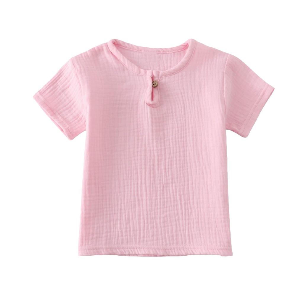 Hauts Athlétiques Classiques Rayés Manches Courtes Boutonnés en Coton et Lin pour Enfants