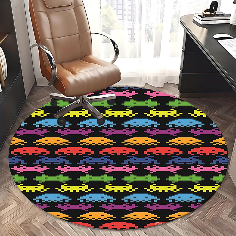 Space Invaders Pattern,Retro Video Game Design Chair mat Round Rug Office carpet, Machine Washable, Non slip, Suitable for Living Rooms, Bedrooms
