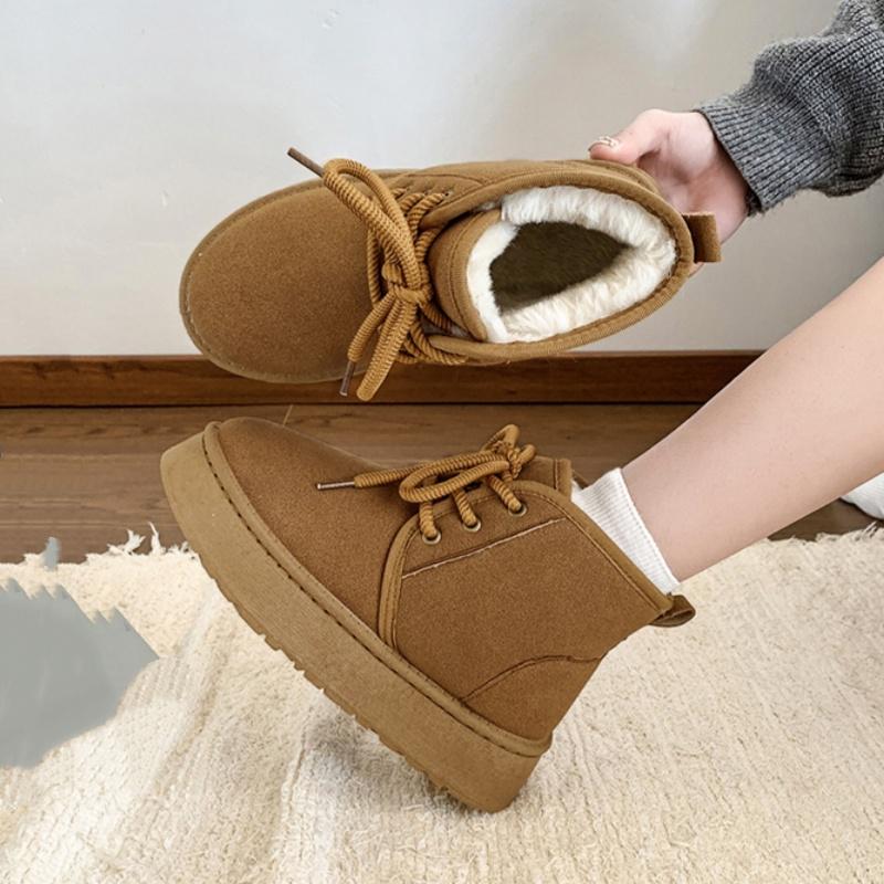 Winter Suede Lace Up Midsole Anti Slip Snow Boots Fashionable Round Toe Thick Sole with Plush Comfortable Casual Women's Boots