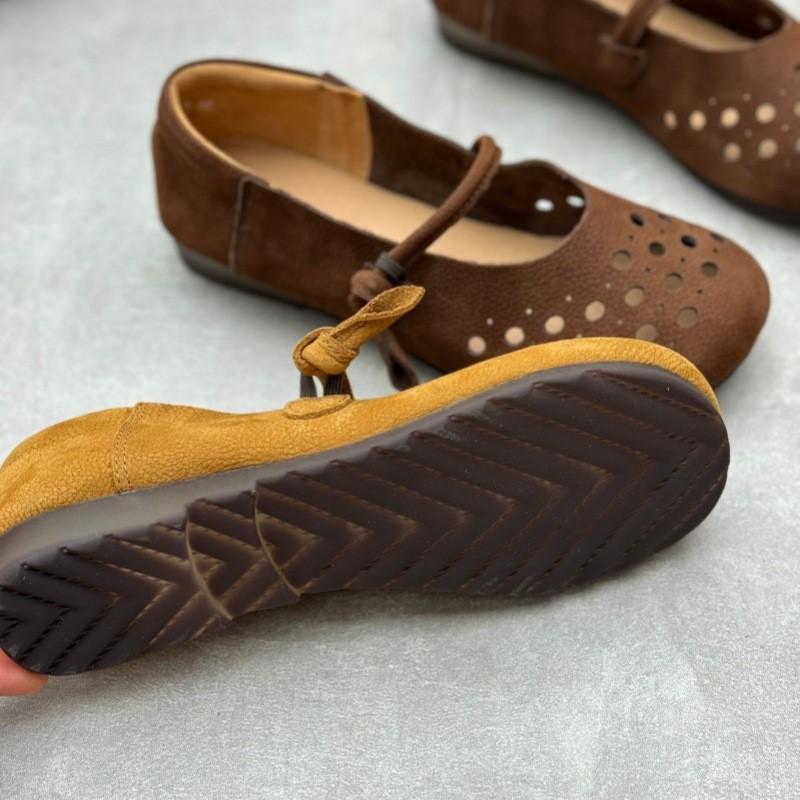 Johnature Handmade Genuine Leather Hollowed Out Women's Flat Shoes Retro Round Toe Soft Cowhide Sandals