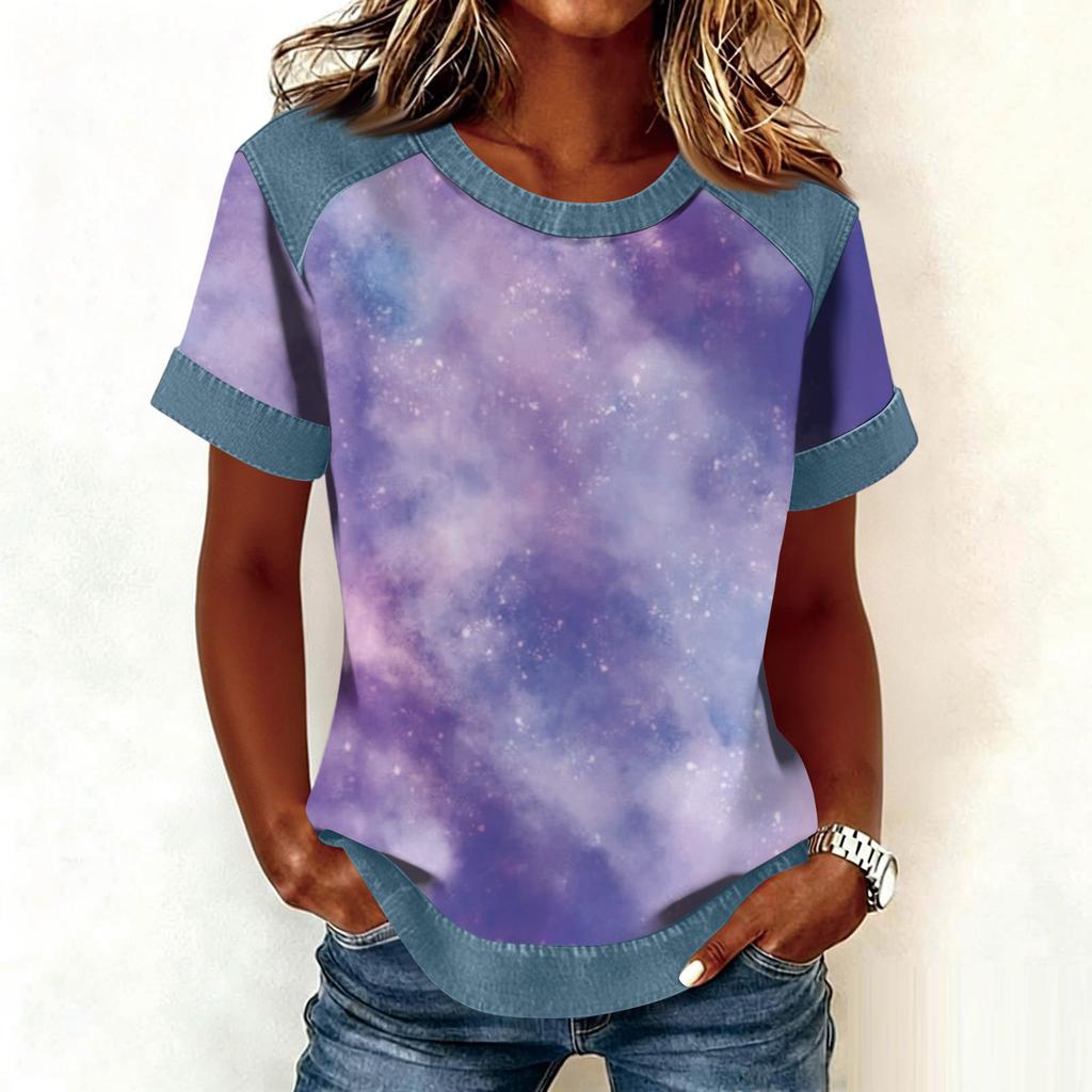 Women Denim Collar Patchwork Stitching Sweatshirt Casual  Printed Pullover Short Sleeve Shirts
