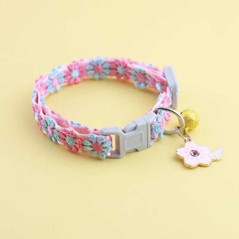 Adjustable Cat Collar Cute Lace Flower Decoration Pet Collar with Bell and Alloy Pendant for Cats and Puppies Kitten Accessories