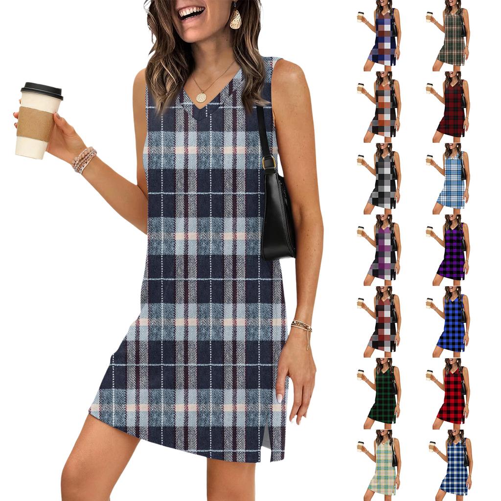 Women's Casual V-neck Sleeveless Split Hem Plaid Print Dress