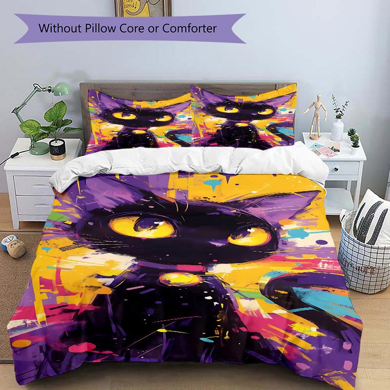 3pcs Colorful Cat Artwork Bedding Set - 1 Duvet Cover + 2 Pillowcases(Core Not Included), Machine Washable Polyester yy251216108