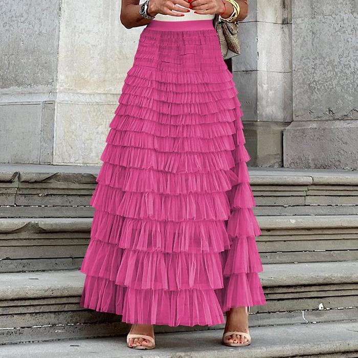 Женская весенне-осенняя юбка с высокой талией, сетчатая, однотонная, плиссированная, многоярусная one size