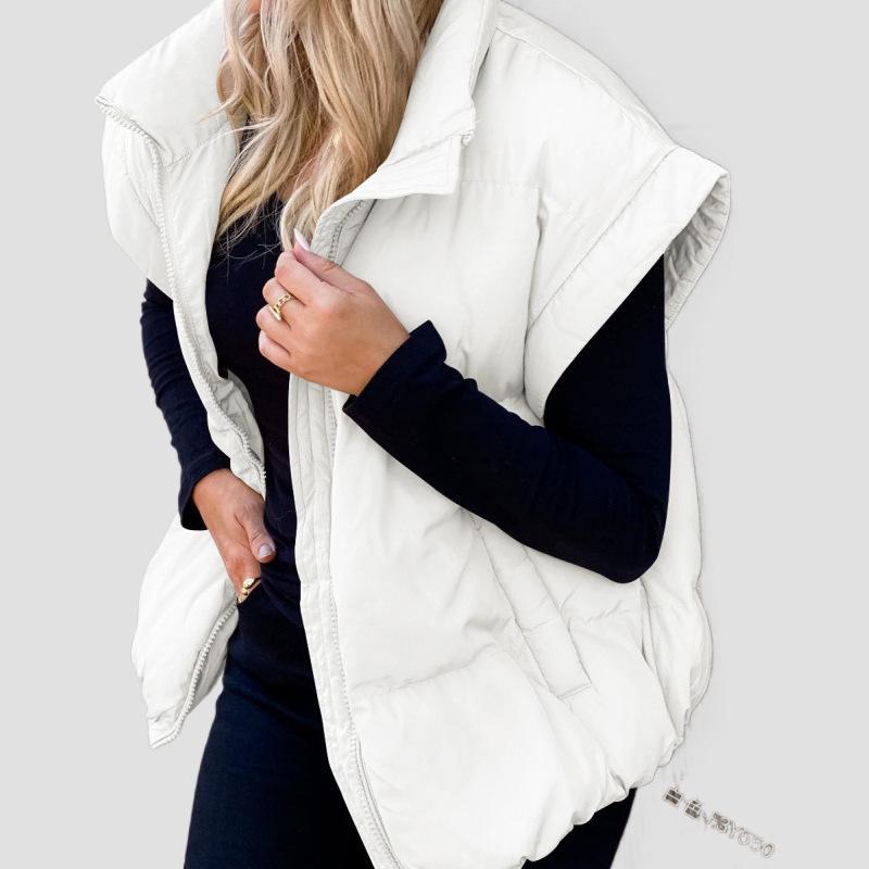 Stylish European & American Women's Solid Color Zipper Pocket Cotton Vest - Stand Collar, Trendy Commuting Jacket