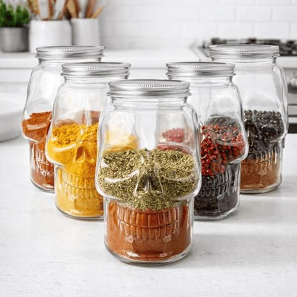 Skull Jars 500ml/800ml Reusable Spooky Decor with Lid Skull Salt Container for Home Bathroom Picnic Tabletop Baking Dining