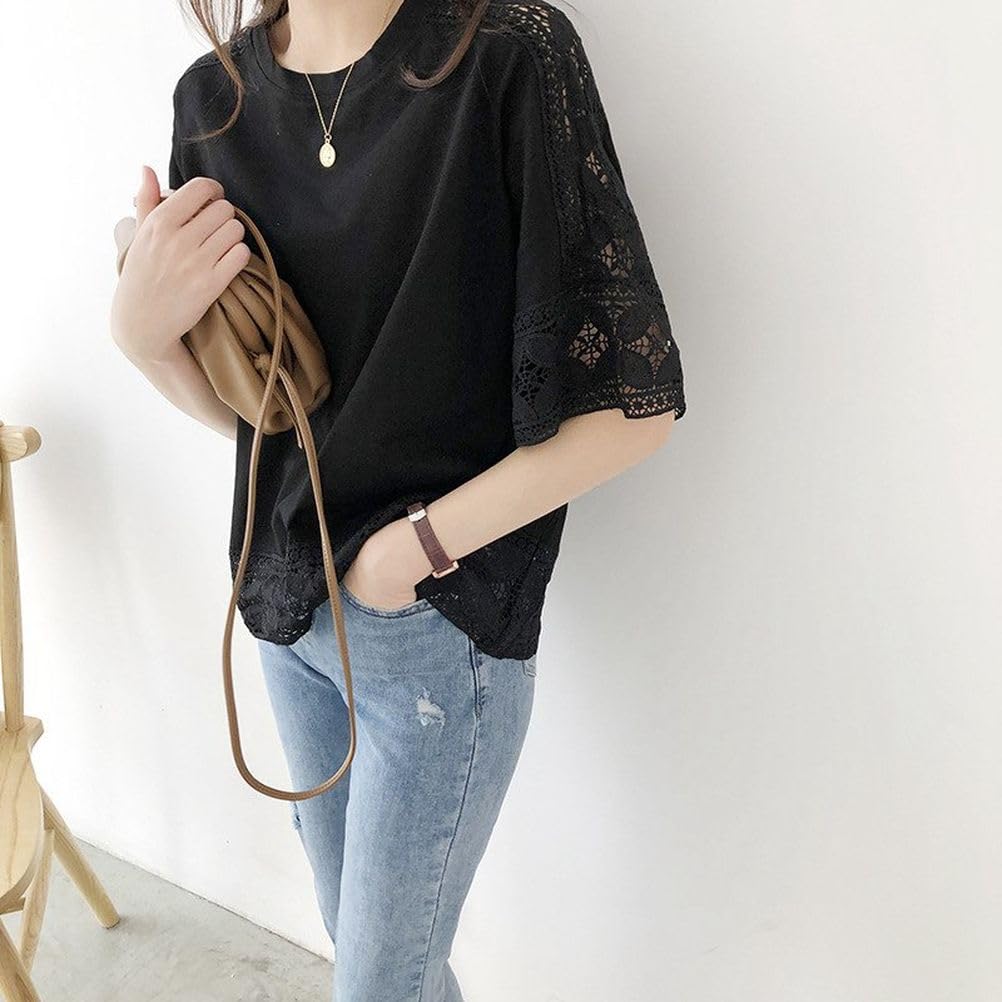 YAYUPLUS Shirt Openwork Embroidered Floral Short Loose Full Voluminous Feminine Free Women's Blouse, Top, Knit, Print, Lace, Sleeve, Fit, Lace,