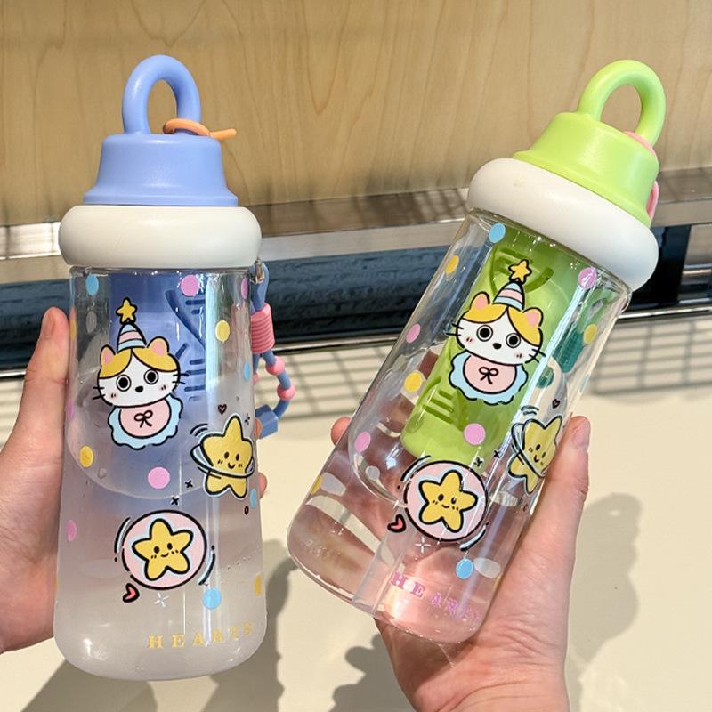 Water bottle girls water cup high value cartoon cute tea plastic cup oblique span portable student summer straw cup