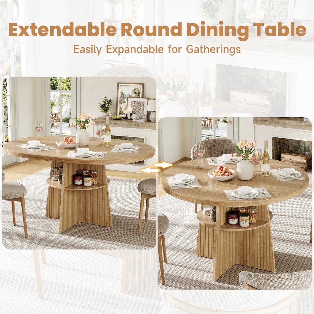 Tavolo da Pranzo Rotondo Estensibile 110-150x110x77,5 cm, Tavolo da Cucina per 2-8 Persone, Salvaspazio con Ripiano Integrato, Tavolo Moderno in Legno dall'Aspetto Naturale