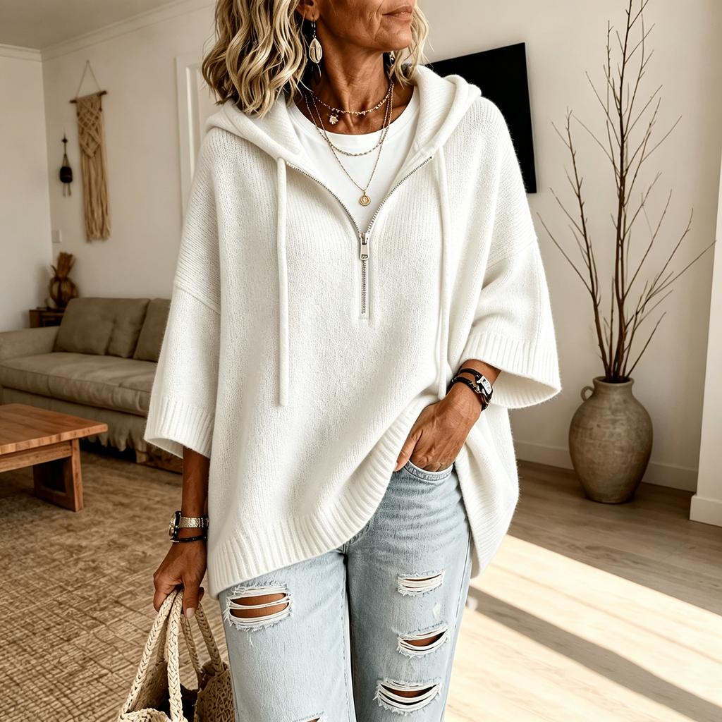 Women's Color Knit Hoodie with Drawstring Hood Pullover