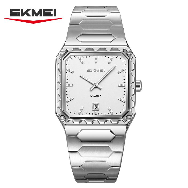 SKMEI 9383 Men's Quartz Watch for Men Stainless Steel Fashion Sports Waterproof Silver Wrist Watch Luxury New Simple Square
